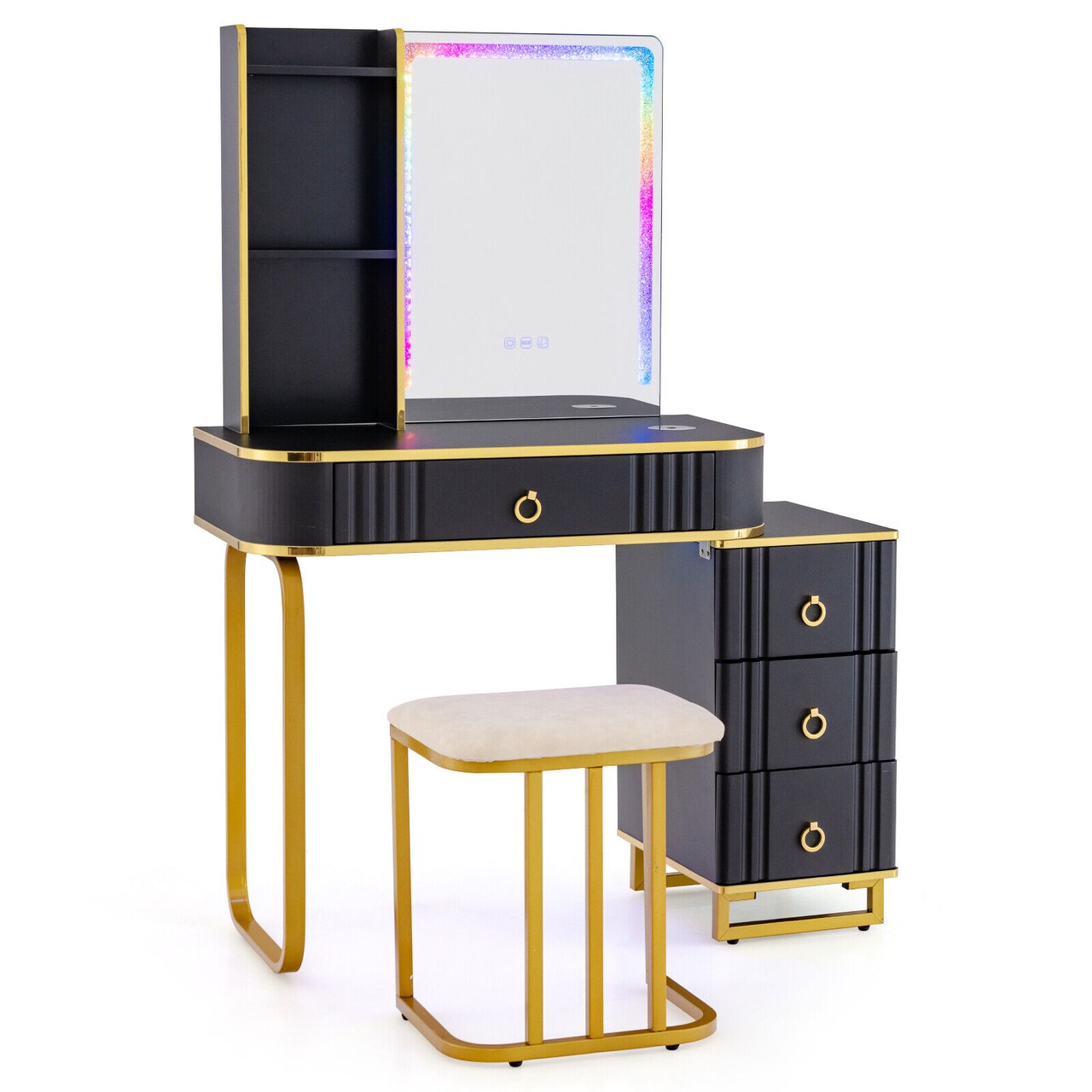 Vanity Table Set With Rgb Led Lights And Wireless Charging Station